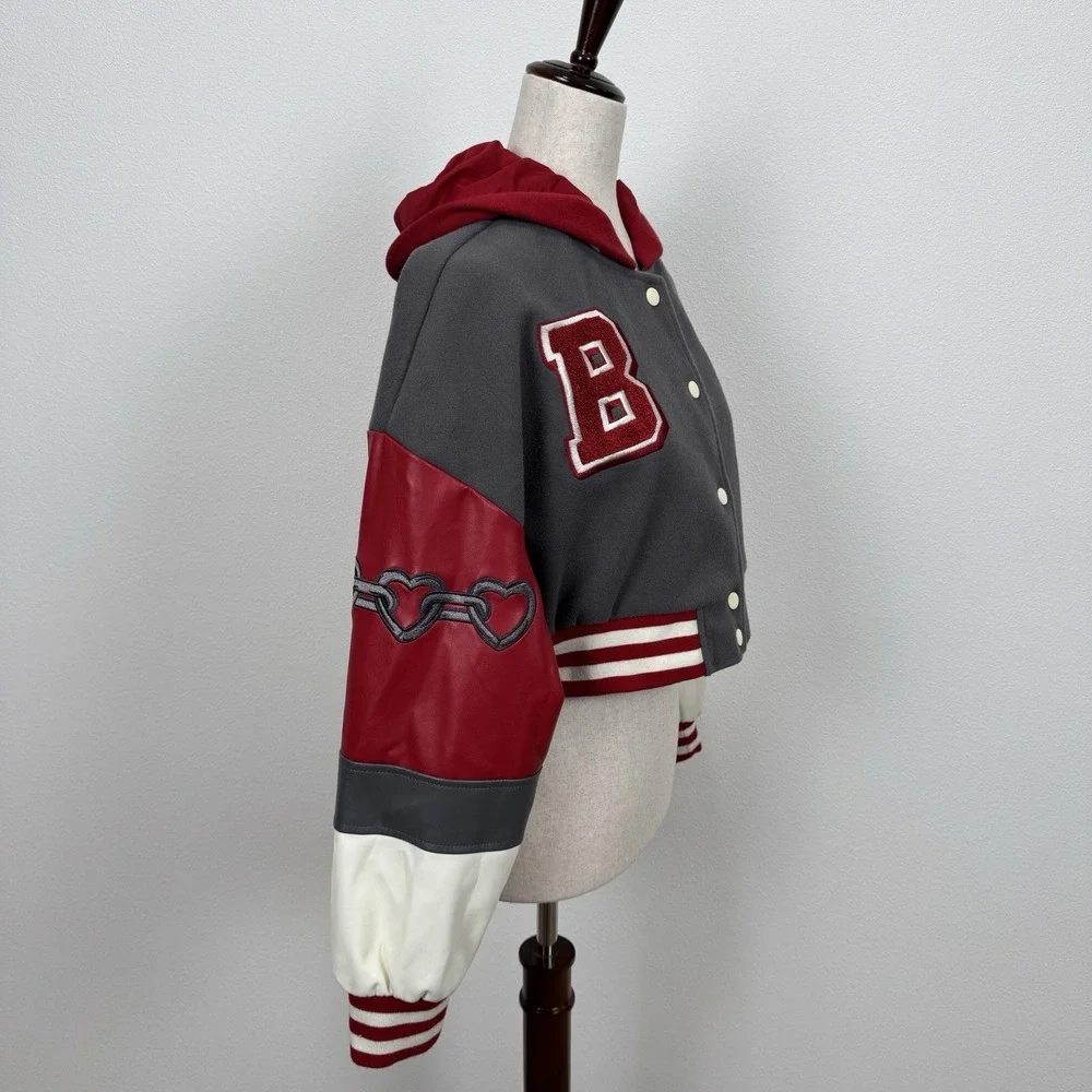 Forever 21 Varsity Jacket Womens Small Red Crop Baby Girl Y2K Bratz Streetwear - Picture 6 of 14